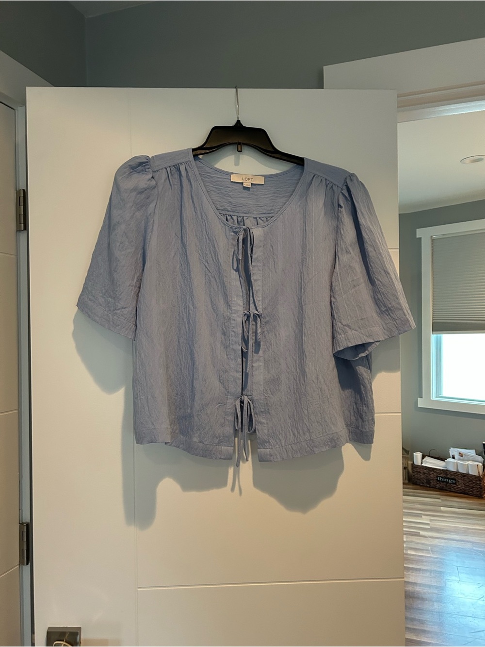 LOFT Light Blue Tie-Front Short Sleeve Blouse